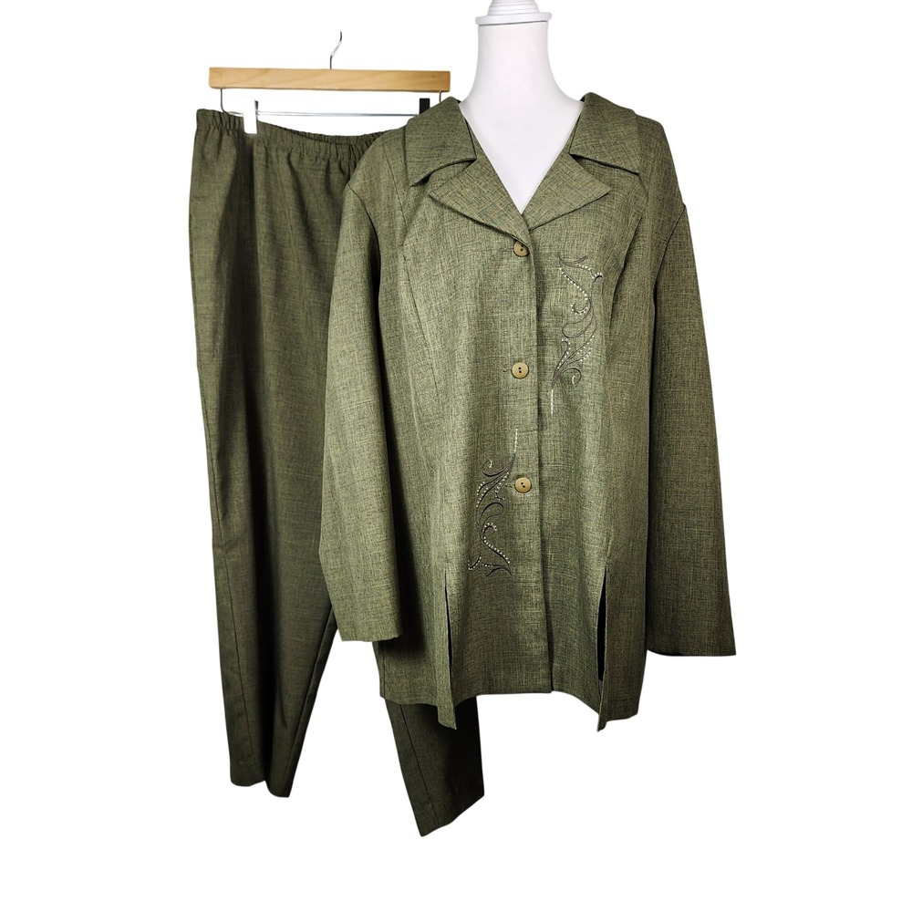 Dress Savvy Pant Suit Womens 22W Olive Green Embroidered Jacket Lightweight Work